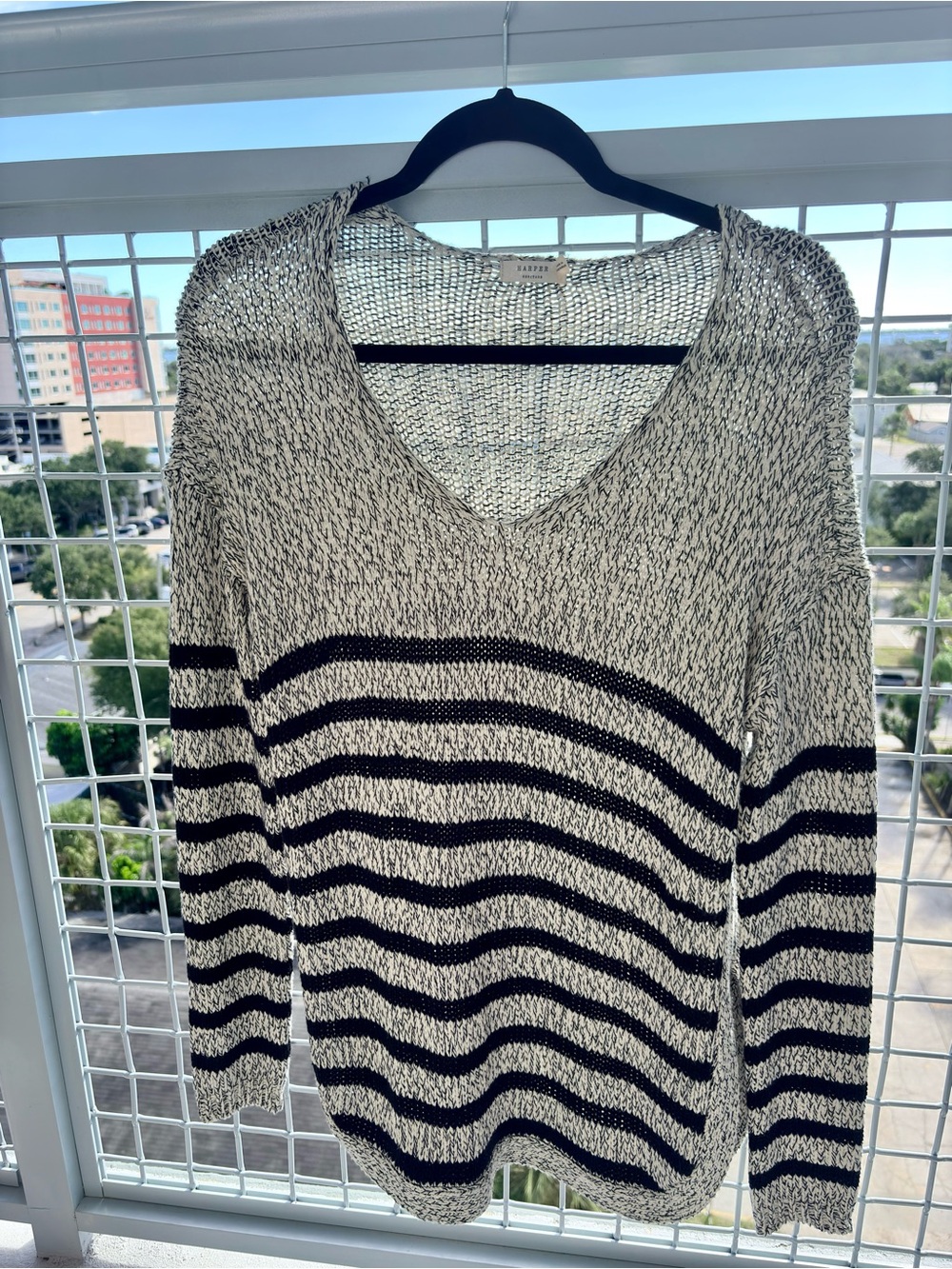 Black and Light Gray Striped V-Neck Sweater
